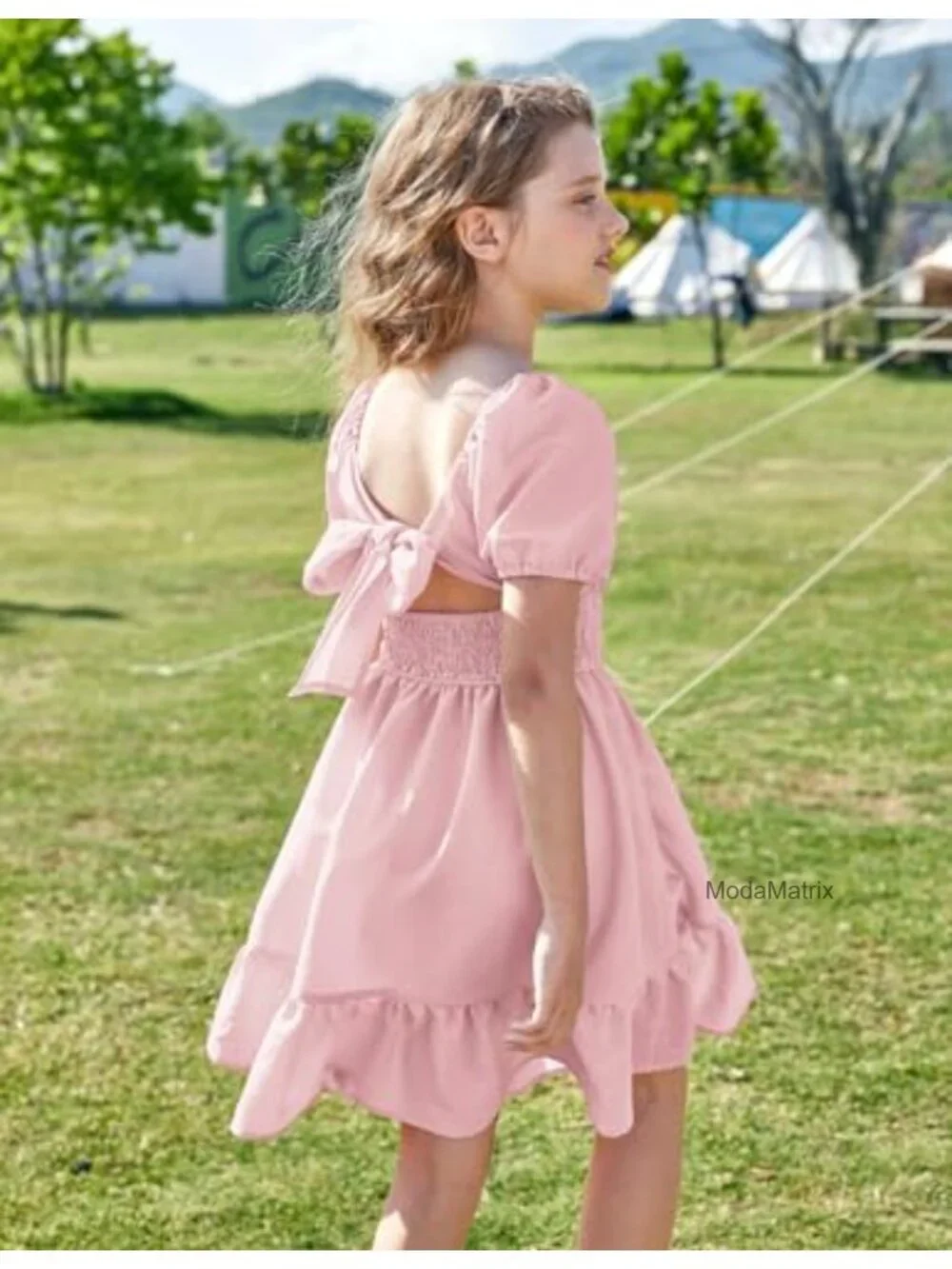 Girls Tie Back Off Shoulder Ruffle Hem A-Line Party Dress